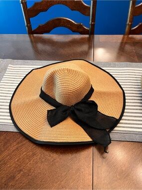 Wide Brim Straw Sun Hat with Black Ribbon - Women Accessories